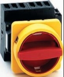 Lasttrennschalter 63A, 3-polig, Vierlochbefestigung, M-Vorhängeschlosssperre gelb/rot